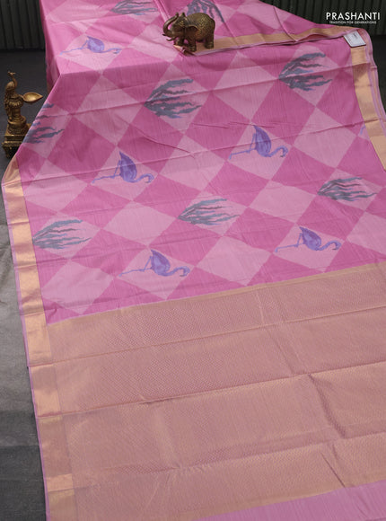Bangalori semi silk saree pastel pink with allover ikat weaves and zari woven border