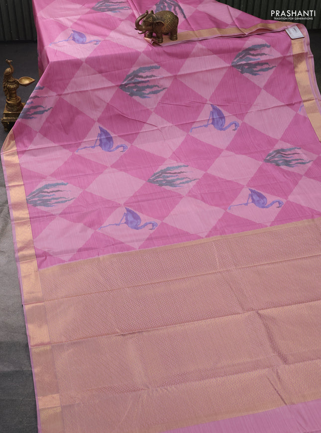 Bangalori semi silk saree pastel pink with allover ikat weaves and zari woven border