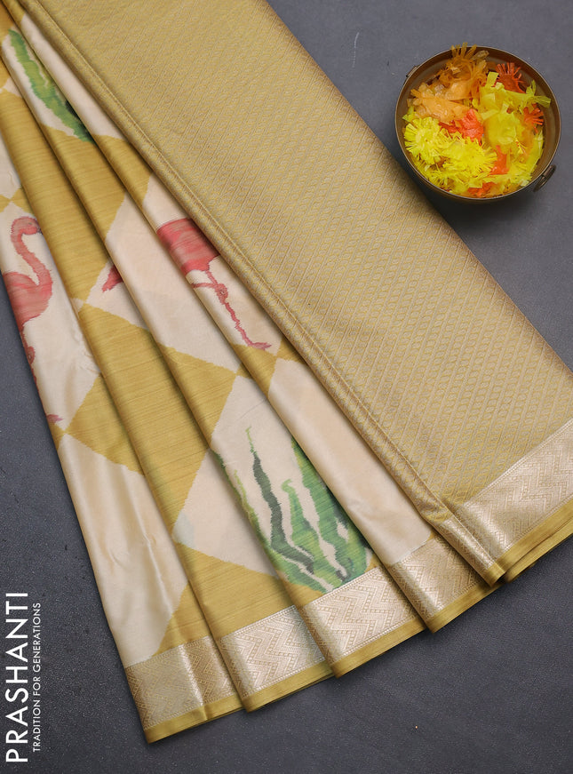 Bangalori semi silk saree cream and mustard yellow with allover ikat weaves and zari woven border