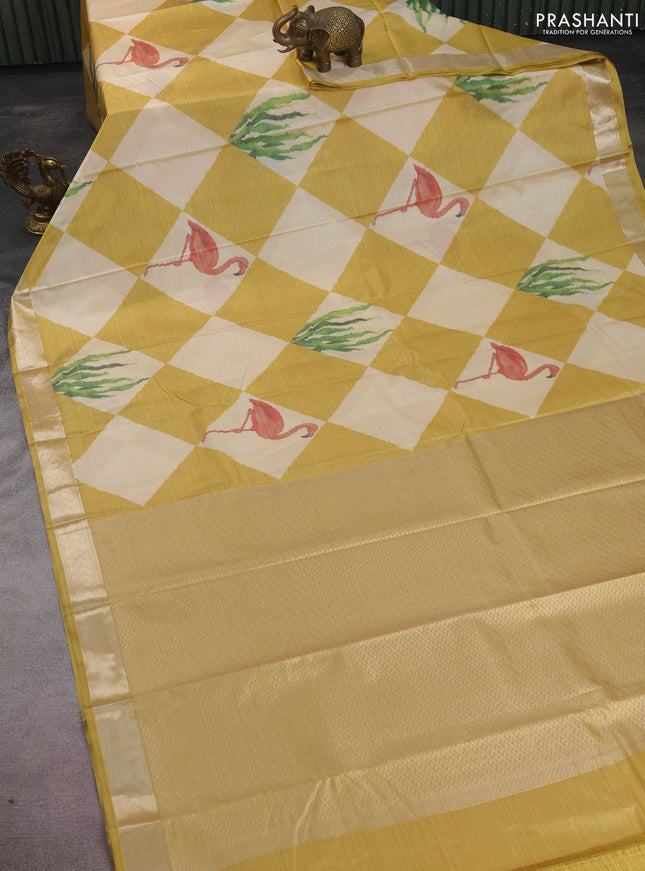 Bangalori semi silk saree cream and mustard yellow with allover ikat weaves and zari woven border