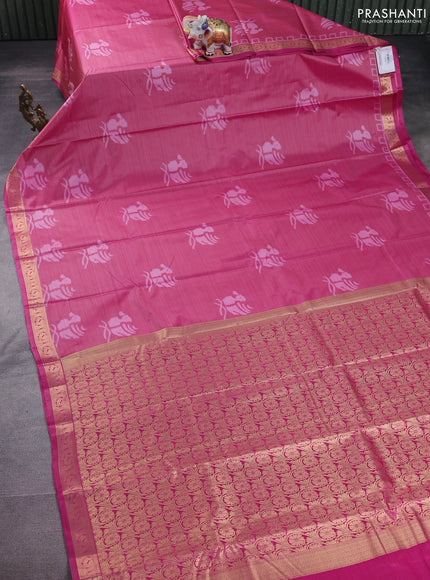 Bangalori semi silk saree pink with allover ikat butta weaves and zari woven border