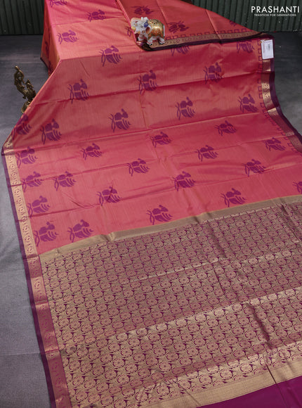 Bangalori semi silk saree dual shade of pinkish yellow and dark magenta pink with allover ikat butta weaves and zari woven border