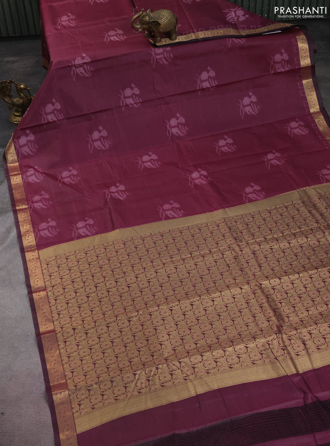 Bangalori semi silk saree wine shade with allover ikat butta weaves and zari woven border