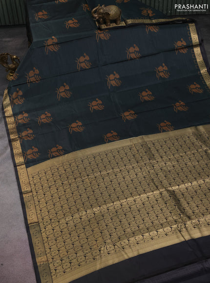 Bangalori semi silk saree bottle green with allover ikat butta weaves and zari woven border