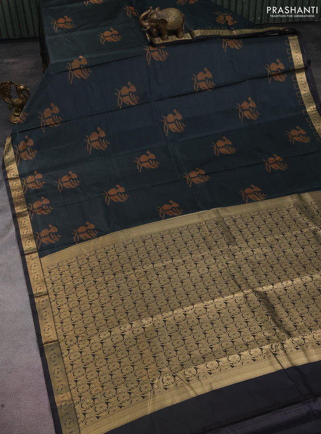 Bangalori semi silk saree bottle green with allover ikat butta weaves and zari woven border