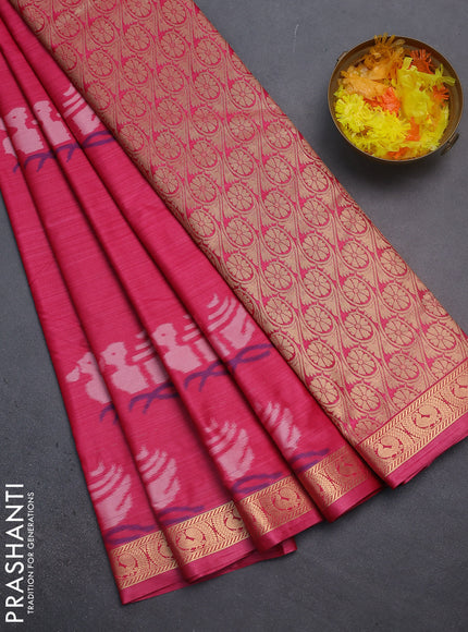 Bangalori semi silk saree pink with allover ikat butta weaves and zari woven border