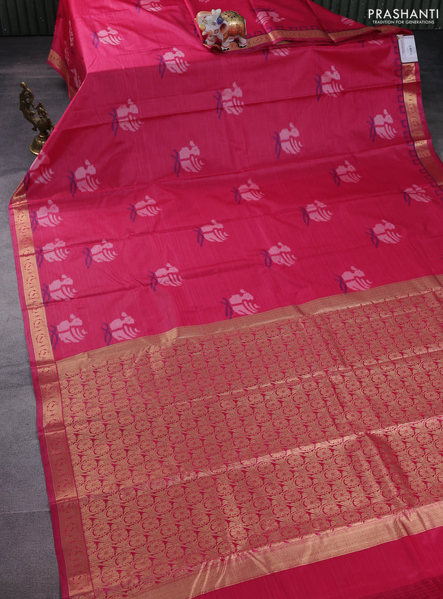 Bangalori semi silk saree pink with allover ikat butta weaves and zari woven border
