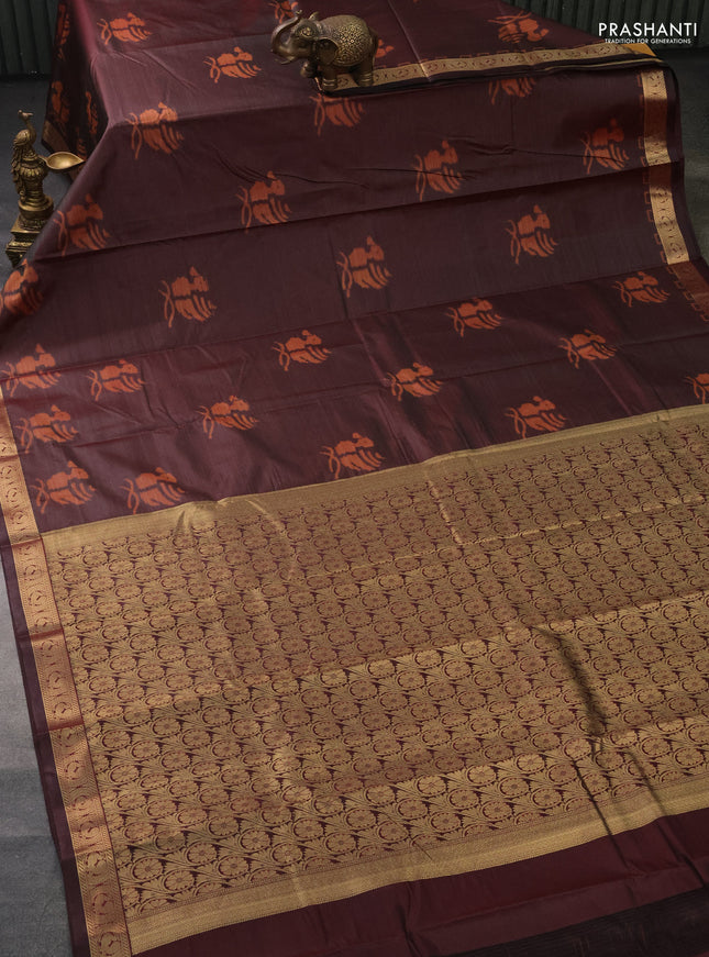 Bangalori semi silk saree deep maroon with allover ikat butta weaves and zari woven border