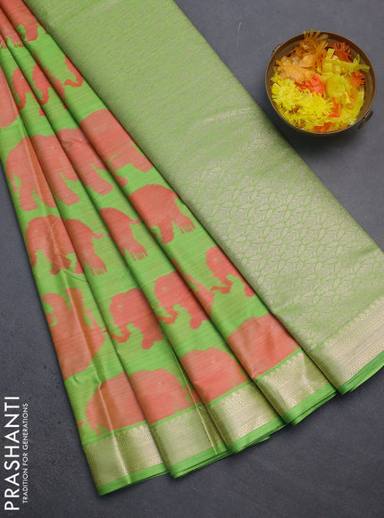 Bangalori semi silk saree fluorescent green with allover elephant butta ikat weaves and zari woven border