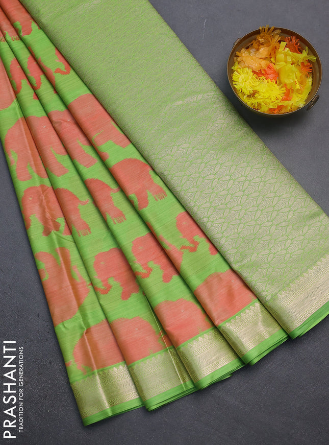 Bangalori semi silk saree fluorescent green with allover elephant butta ikat weaves and zari woven border