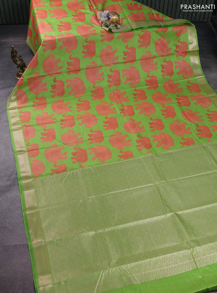 Bangalori semi silk saree fluorescent green with allover elephant butta ikat weaves and zari woven border