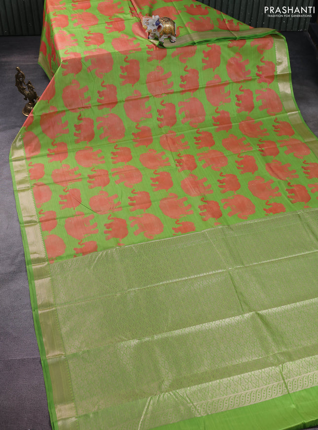 Bangalori semi silk saree fluorescent green with allover elephant butta ikat weaves and zari woven border