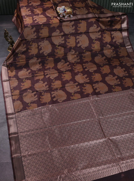 Bangalori semi silk saree coffee brown and dark mustard with allover elephant butta ikat weaves and zari woven border