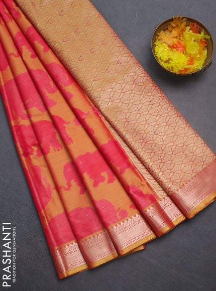 Bangalori semi silk saree dual shade of yellow and pink with allover elephant butta ikat weaves and zari woven border