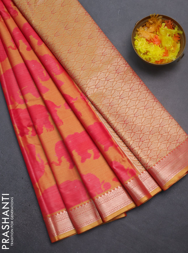 Bangalori semi silk saree dual shade of yellow and pink with allover elephant butta ikat weaves and zari woven border