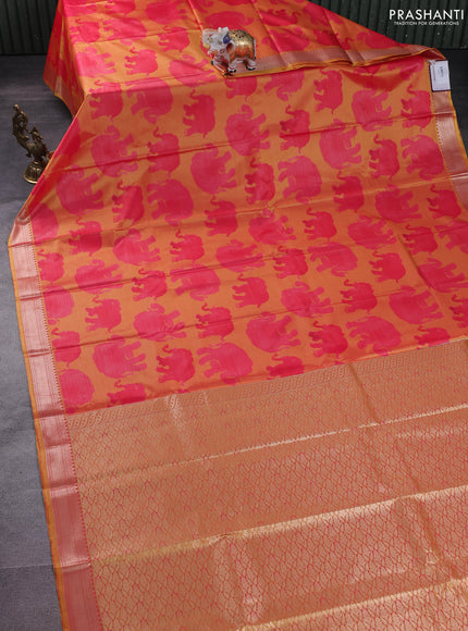 Bangalori semi silk saree dual shade of yellow and pink with allover elephant butta ikat weaves and zari woven border