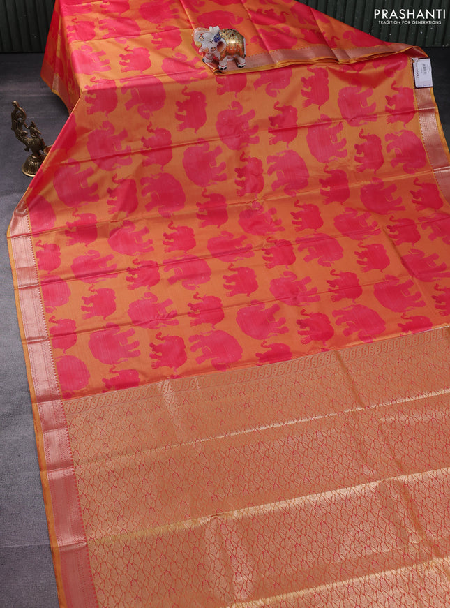 Bangalori semi silk saree dual shade of yellow and pink with allover elephant butta ikat weaves and zari woven border