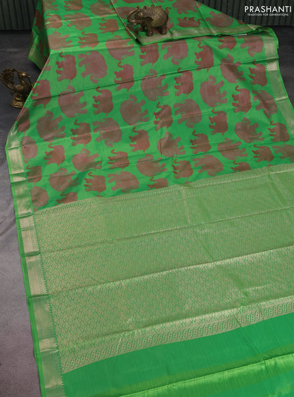 Bangalori semi silk saree green with allover elephant butta ikat weaves and zari woven border