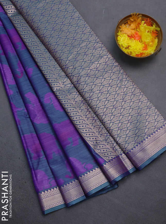 Bangalori semi silk saree purple and teal green with allover elephant butta ikat weaves and zari woven border