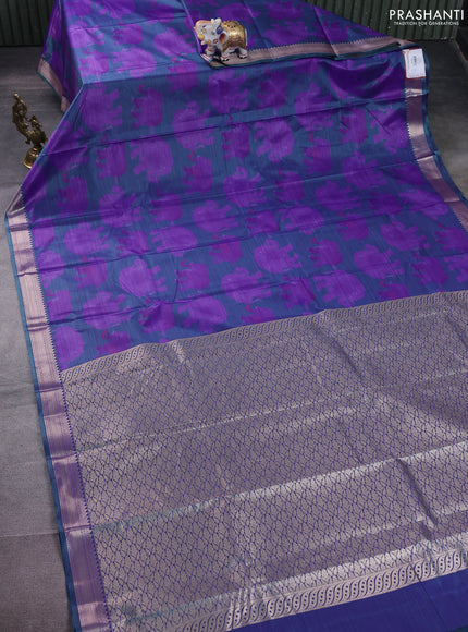 Bangalori semi silk saree purple and teal green with allover elephant butta ikat weaves and zari woven border