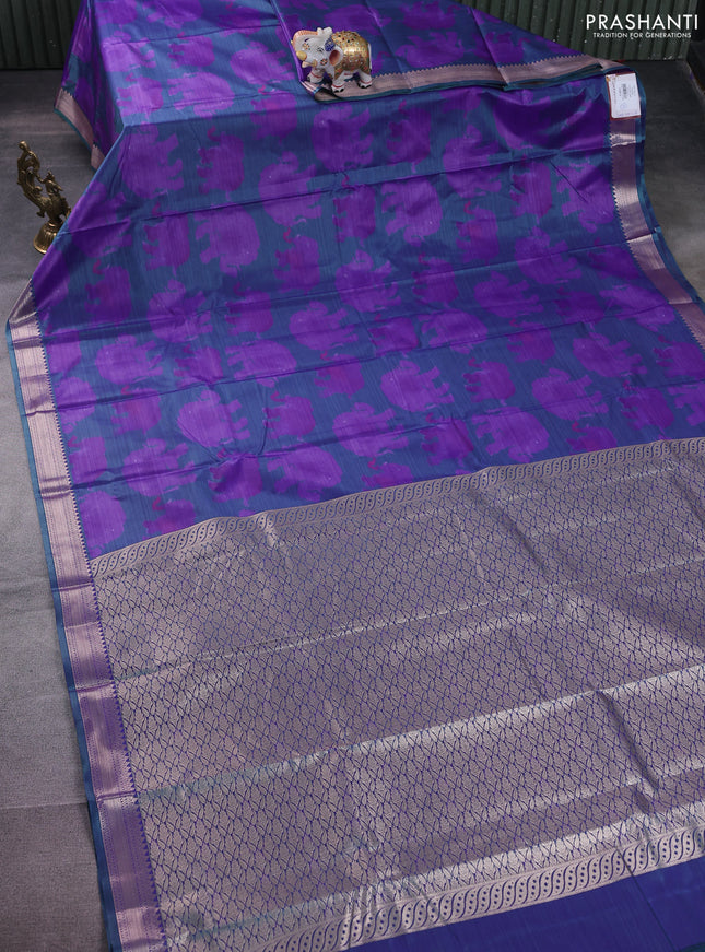 Bangalori semi silk saree purple and teal green with allover elephant butta ikat weaves and zari woven border