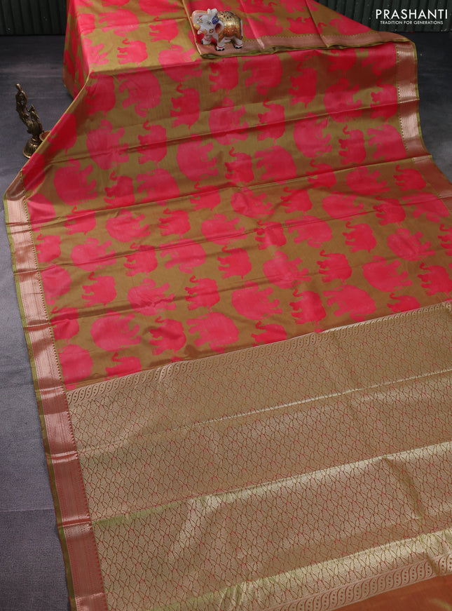 Bangalori semi silk saree lime green and pink with allover elephant butta ikat weaves and zari woven border