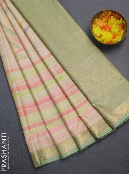 Bangalori semi silk saree sandal and green with allover ikat weaves and zari woven border