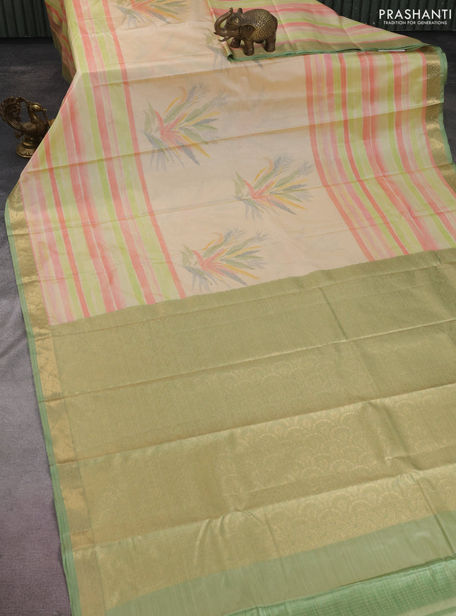 Bangalori semi silk saree sandal and green with allover ikat weaves and zari woven border