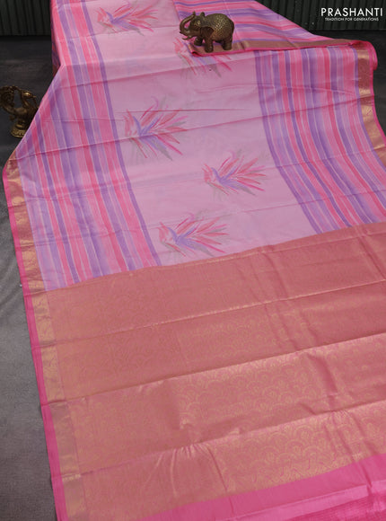 Bangalori semi silk saree light green and pink with allover ikat weaves and zari woven border