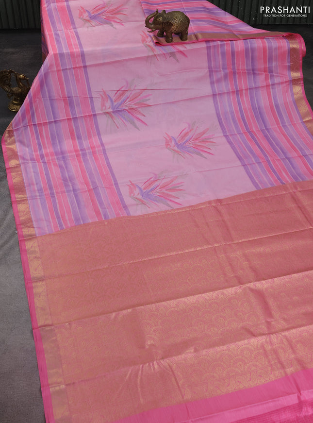 Bangalori semi silk saree light green and pink with allover ikat weaves and zari woven border