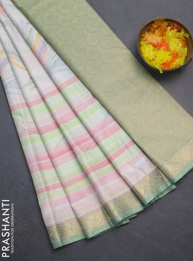 Bangalori semi silk saree cream and pastel green with allover ikat weaves and zari woven border