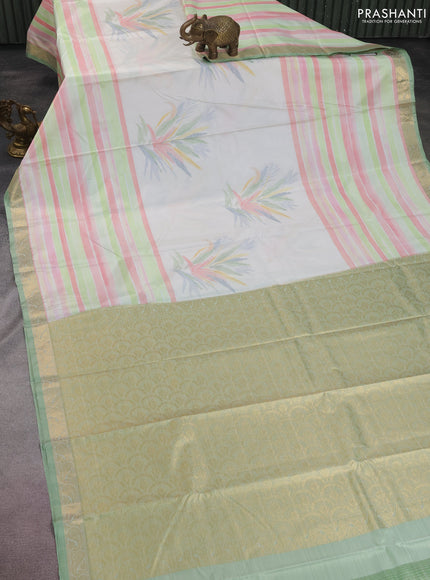 Bangalori semi silk saree cream and pastel green with allover ikat weaves and zari woven border