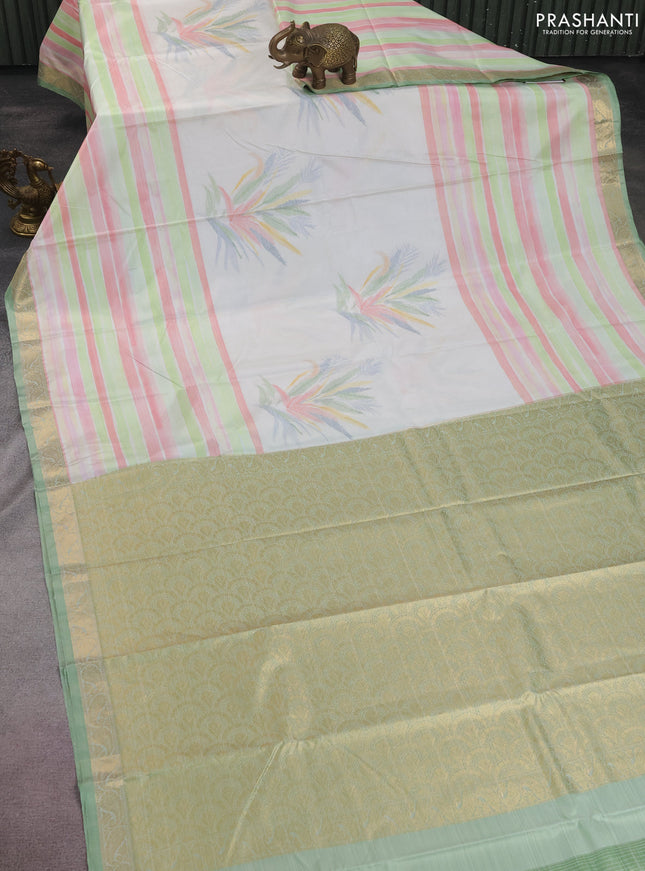 Bangalori semi silk saree cream and pastel green with allover ikat weaves and zari woven border