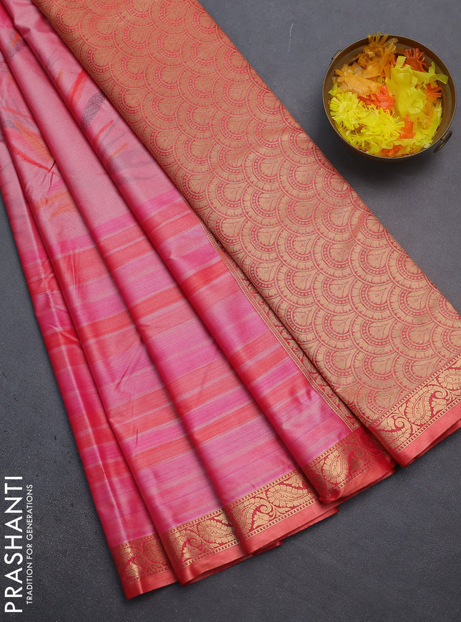 Bangalori semi silk saree peach pink and orange with allover ikat weaves and zari woven border
