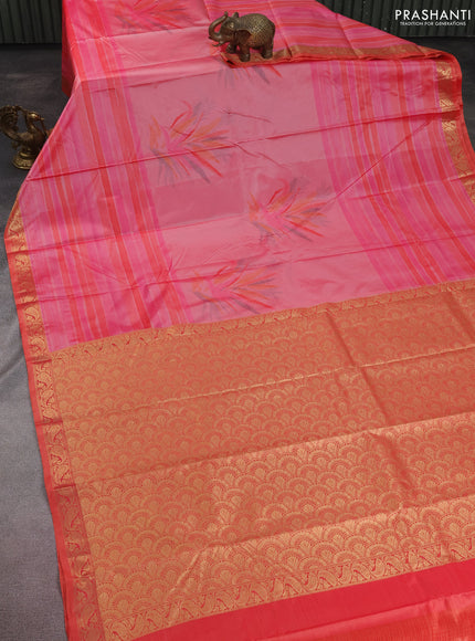 Bangalori semi silk saree peach pink and orange with allover ikat weaves and zari woven border