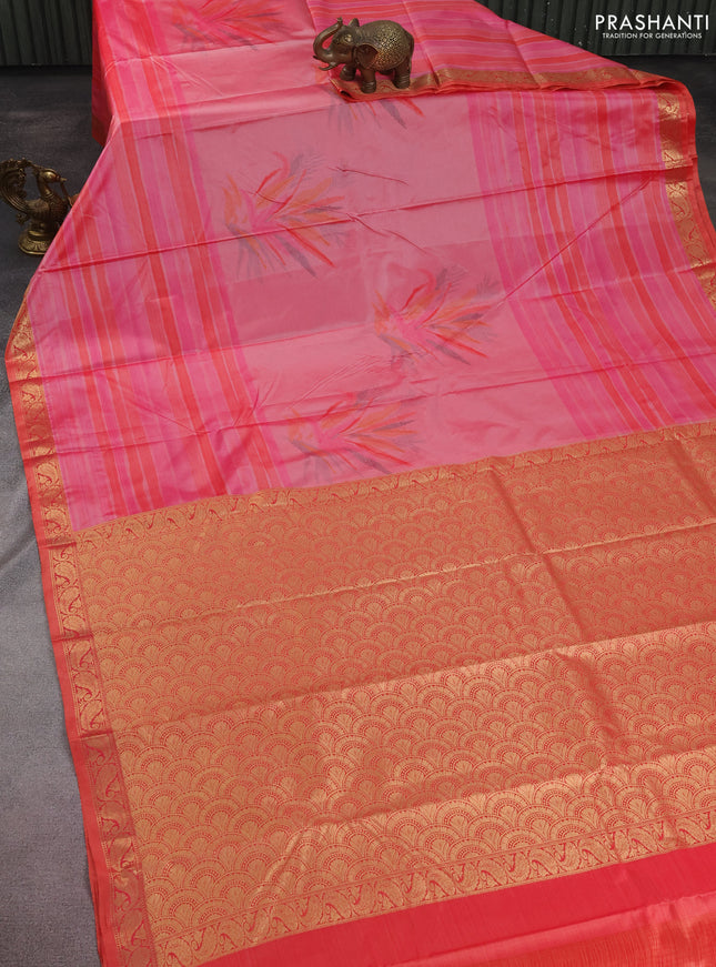 Bangalori semi silk saree peach pink and orange with allover ikat weaves and zari woven border