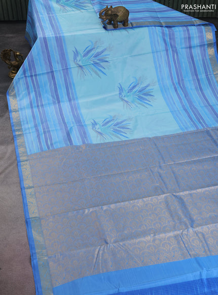 Bangalori semi silk saree teal blue and blue with allover ikat weaves and zari woven border