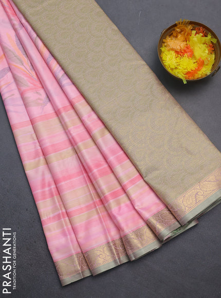 Bangalori semi silk saree peach pink shade and green with allover ikat weaves and zari woven border