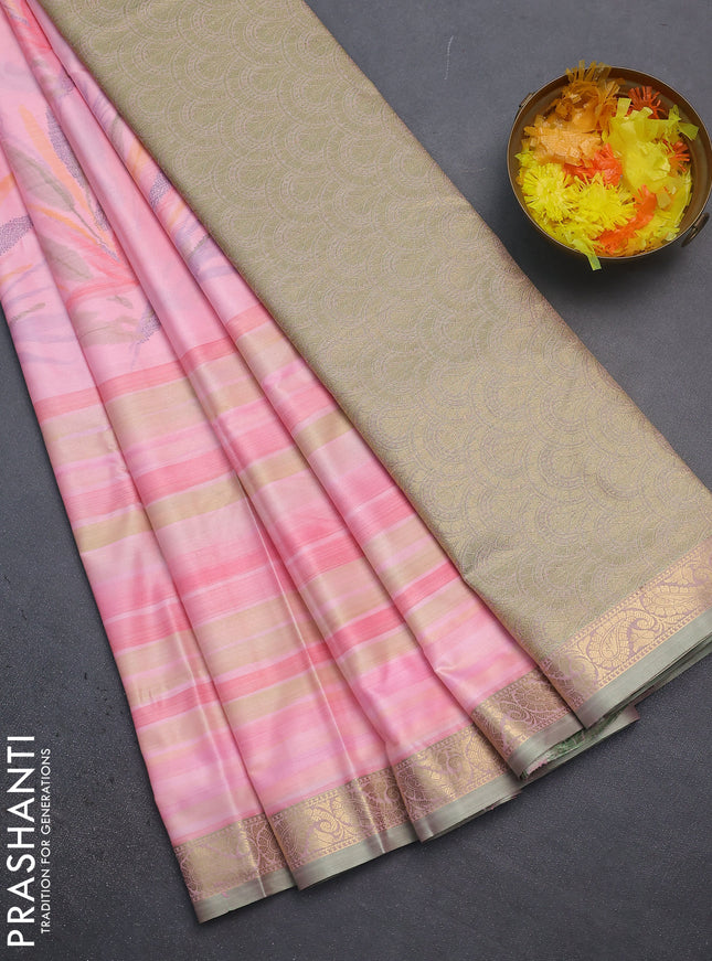 Bangalori semi silk saree peach pink shade and green with allover ikat weaves and zari woven border