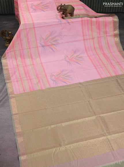 Bangalori semi silk saree peach pink shade and green with allover ikat weaves and zari woven border
