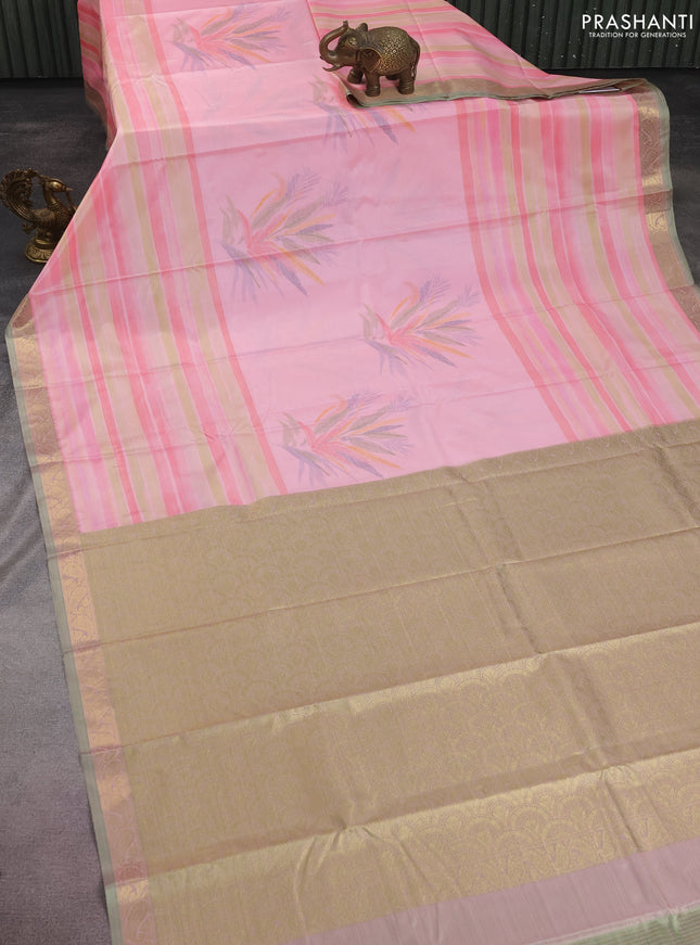 Bangalori semi silk saree peach pink shade and green with allover ikat weaves and zari woven border