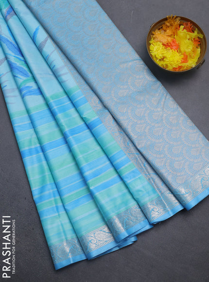 Bangalori semi silk saree teal blue and light blue with allover ikat weaves and zari woven border