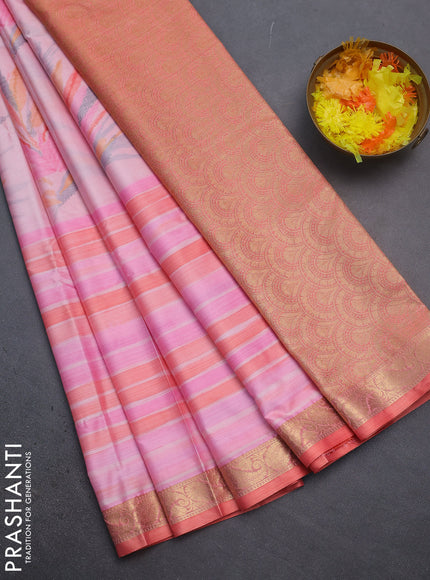 Bangalori semi silk saree mild peach pink and orange with allover ikat weaves and zari woven border