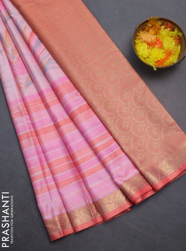 Bangalori semi silk saree mild peach pink and orange with allover ikat weaves and zari woven border