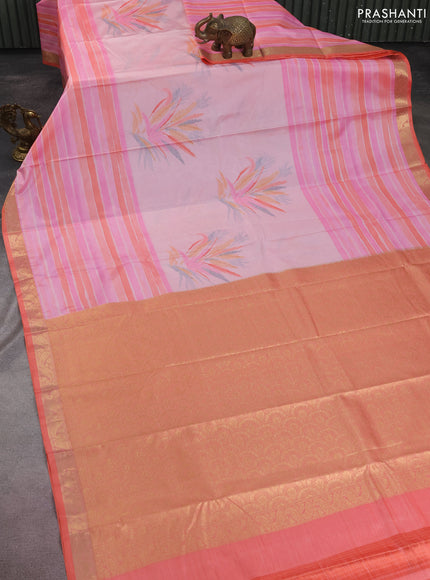 Bangalori semi silk saree mild peach pink and orange with allover ikat weaves and zari woven border