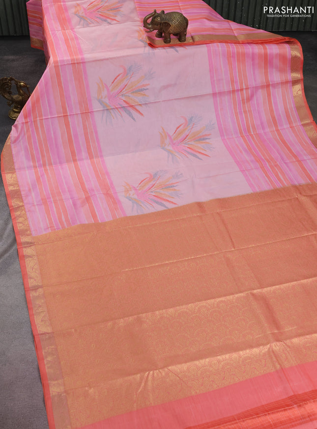 Bangalori semi silk saree mild peach pink and orange with allover ikat weaves and zari woven border