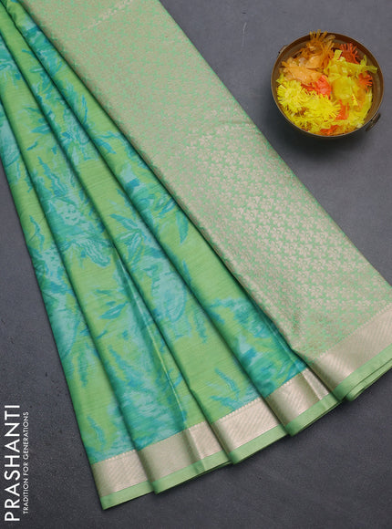 Bangalori semi silk saree light green with allover ikat weaves and zari woven border