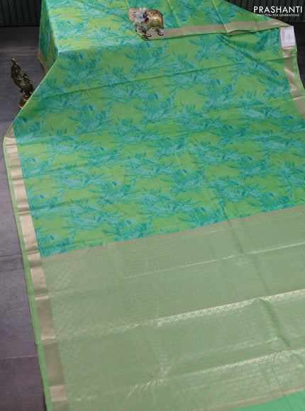 Bangalori semi silk saree light green with allover ikat weaves and zari woven border