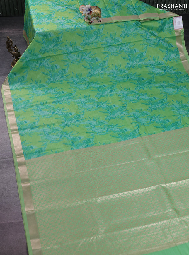 Bangalori semi silk saree light green with allover ikat weaves and zari woven border