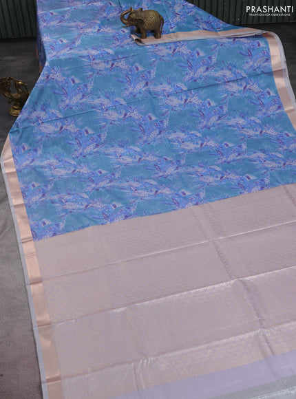 Bangalori semi silk saree pastel blue and pastel grey with allover ikat weaves and zari woven border